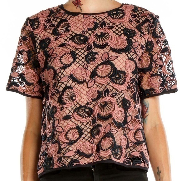 Ann Taylor Tops - Ann Taylor Textured Dusty Rose &‎ Navy Blue Lace Crochet Short Sleeve Blouse Top